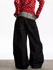 Layered double waist wide leg jeans in dark wash cotton with a grey waistband detail.