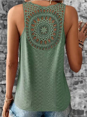 Sage eyelet lace tank top with intricate circular crochet back detail.