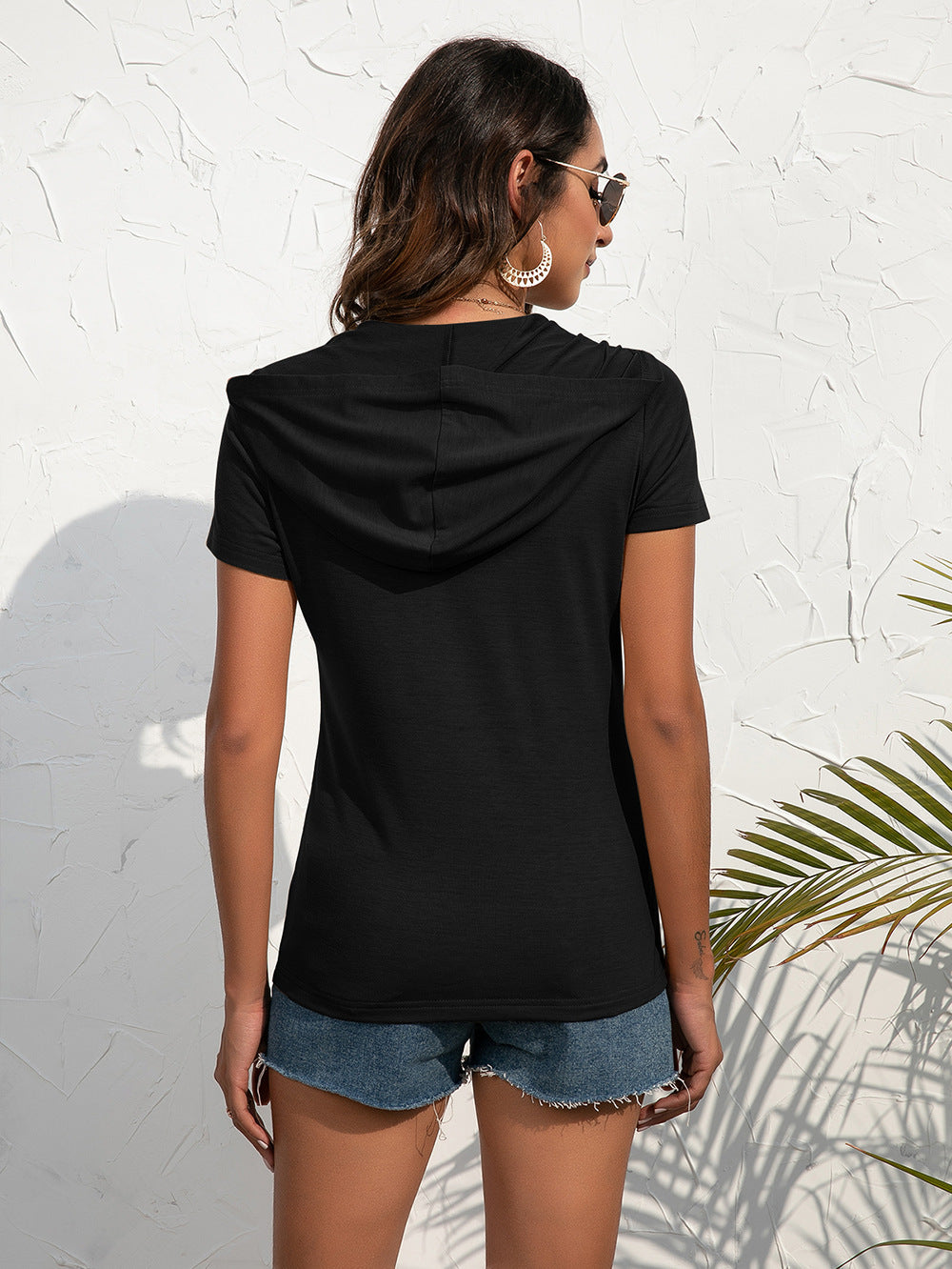 Black zip-front utility hoodie tee with short sleeves and a hood.