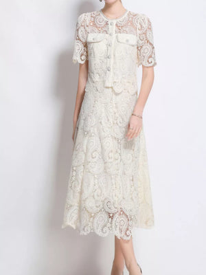 Cream lace buttoned two-piece ensemble dress with short sleeves and midi skirt.