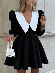 Chic Puff Sleeve Dress With Ruffled Collar
