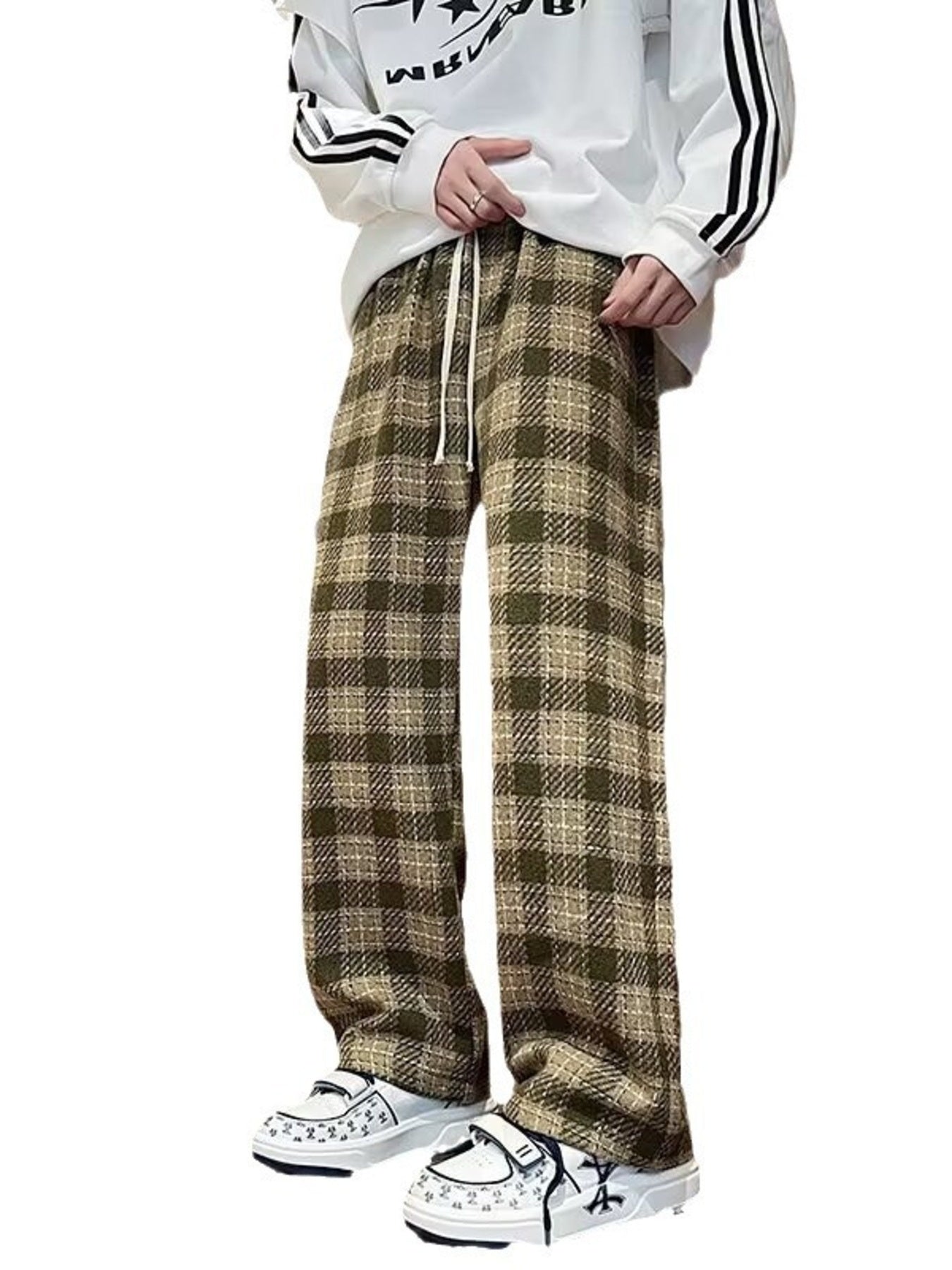 Men's wide leg trousers in sage plaid with drawstring waist.