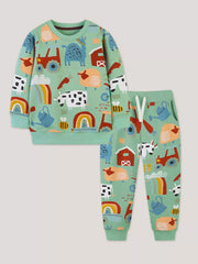 Green cotton toddler farm animal print sweatshirt and joggers set with rainbows, tractors, sheep, cows, and bees.