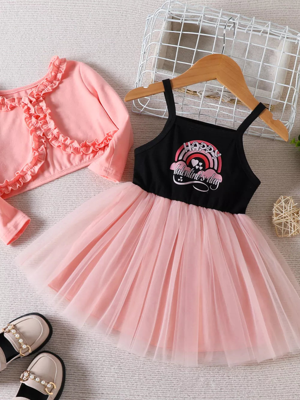 Children's Frill Cardigan And Tulle Dress Set in Pink, front view
