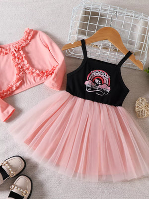 Children's Frill Cardigan And Tulle Dress Set in Pink, front view