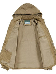 Khaki hooded waterproof jacket with fleece lining and interior pockets.