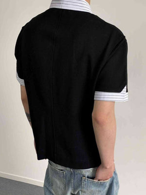 Black cotton polo with layered striped collar and cuffs