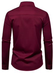 Wine red cotton long sleeve buttoned shirt with asymmetrical ruched detail.