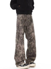 Men's wide leg jeans in abstract print, chocolate brown cotton, with a relaxed fit.