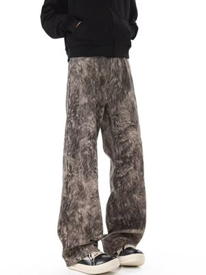 Men's wide leg jeans in abstract print, chocolate brown cotton, with a relaxed fit.