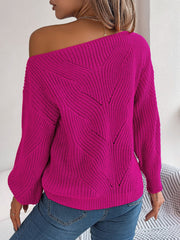 Off-the-shoulder knit sweater in Cerise with openwork detail and long sleeves.