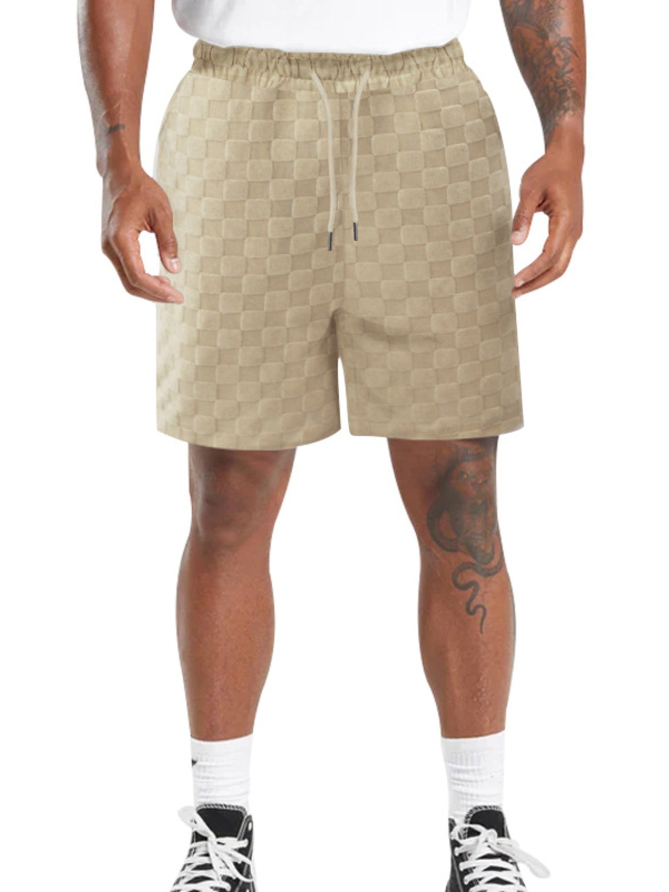 Men's khaki chino shorts with textured checkered pattern and drawstring waist.