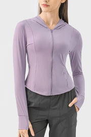 Lavender zip-up active hoodie with thumbholes and contoured seams.