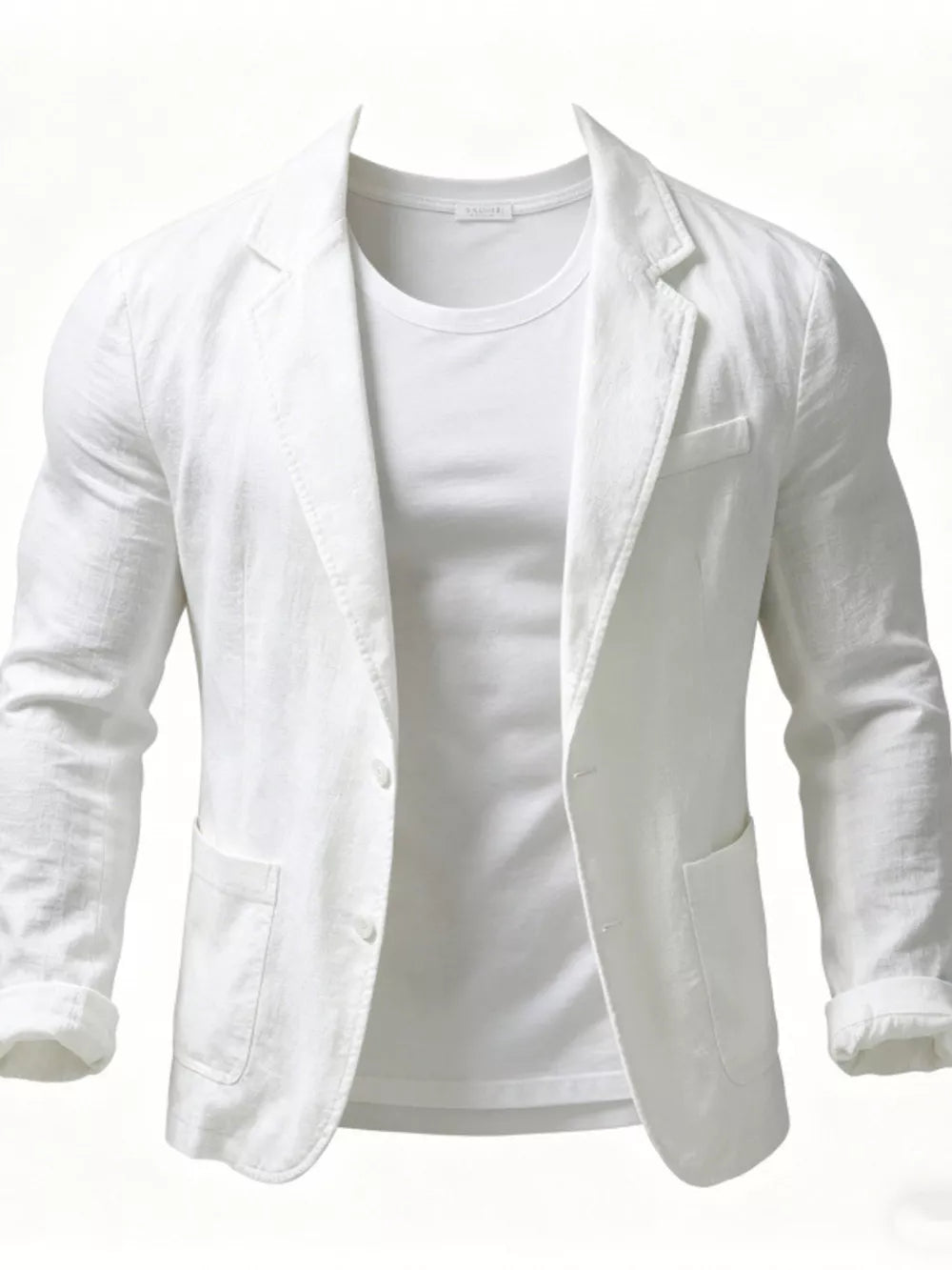 White long sleeve blazer with lapel collar and two front pockets, worn over a t-shirt.
