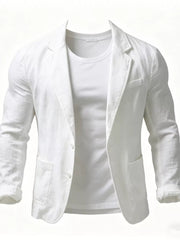 White long sleeve blazer with lapel collar and two front pockets, worn over a t-shirt.