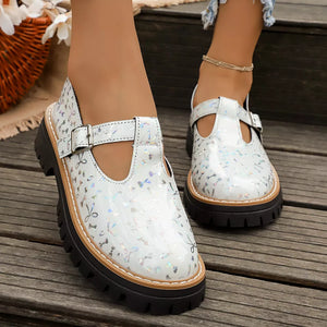 Round Toe Platform Loafers in White, back view