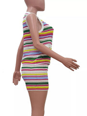 Crochet knit two-piece set with colorful stripes, sleeveless top, and shorts.