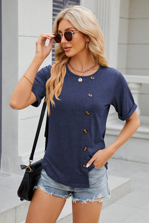 Dark blue asymmetric button-up tee with short sleeves and a crew neck.