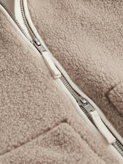 Teddy fleece zip-up jacket in Dust Storm with contrast piping and silver zipper detail.