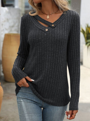 Keyhole ribbed knit henley top in charcoal with button detail and v-neck