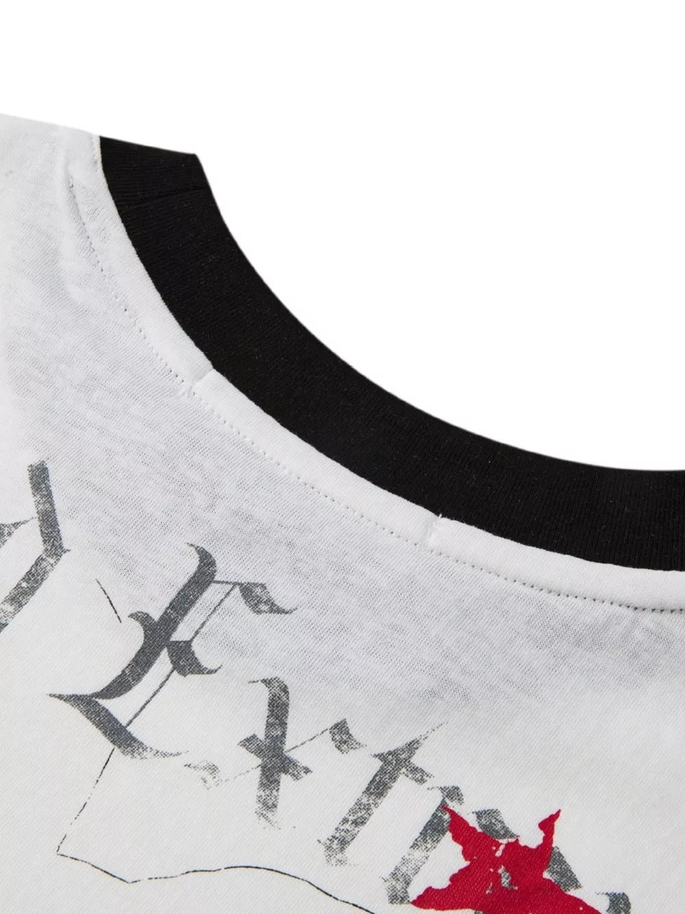White cotton spandex t-shirt with black neckline and distressed gothic text graphic.