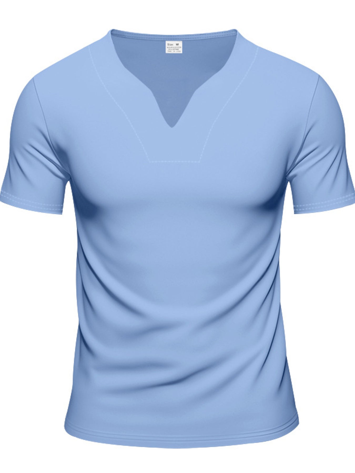 Light blue cotton t-shirt with notched V-neck and short sleeves.