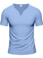 Light blue cotton t-shirt with notched V-neck and short sleeves.