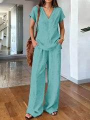Full Size V-neck Short Sleeve Top And Pants Set in Light Brown, fit detail