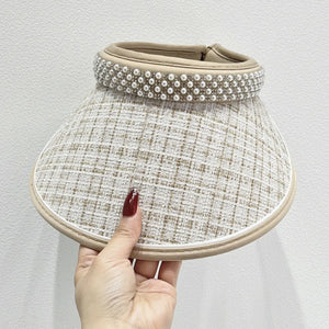 Beige tweed visor with pearl and rhinestone embellished band