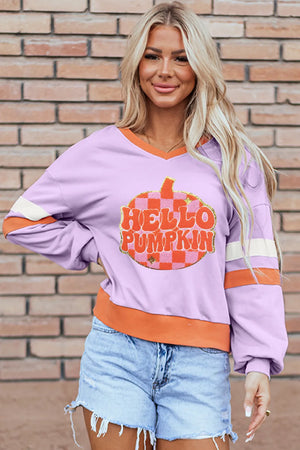 Lavender v-neck sweatshirt with Hello Pumpkin graphic and contrast trim