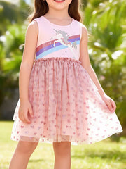 Pink unicorn dress with rainbow graphic and glitter heart tulle skirt