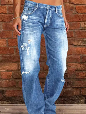 Relaxed fit light blue denim maternity jeans with distressed details and raw hem