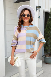 Pastel block stripe crewneck pullover sweater in acrylic with crew neck and long sleeves.
