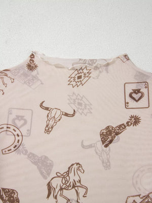 Sheer mesh mock neck shirt with western print, featuring horses, bull skulls, and playing cards.