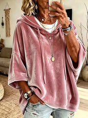 Velvet Loose Fit Hoodie With Drawstring in Khaki, fit detail