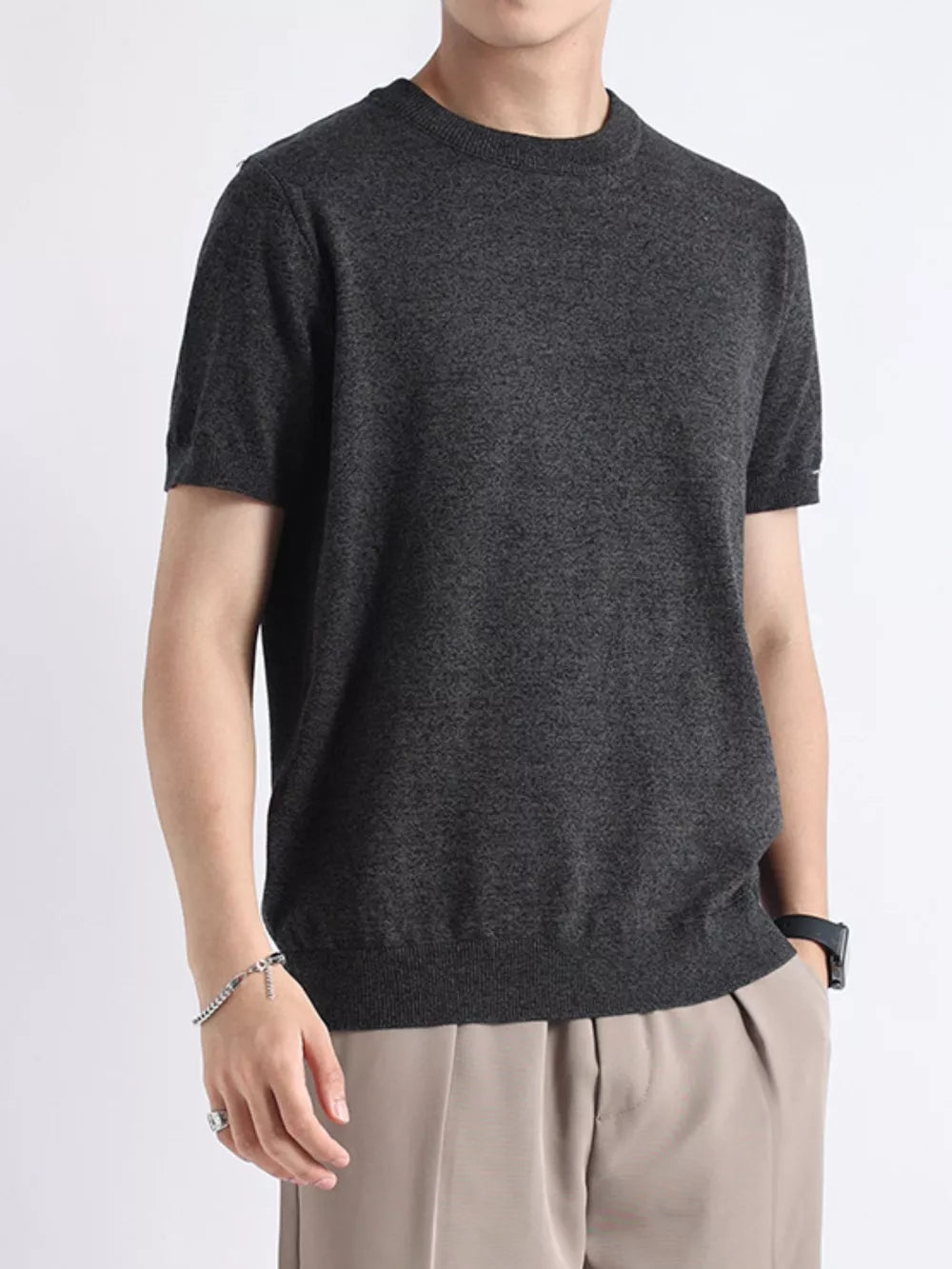 Men's charcoal gray knitted t-shirt with short sleeves and crew neck.