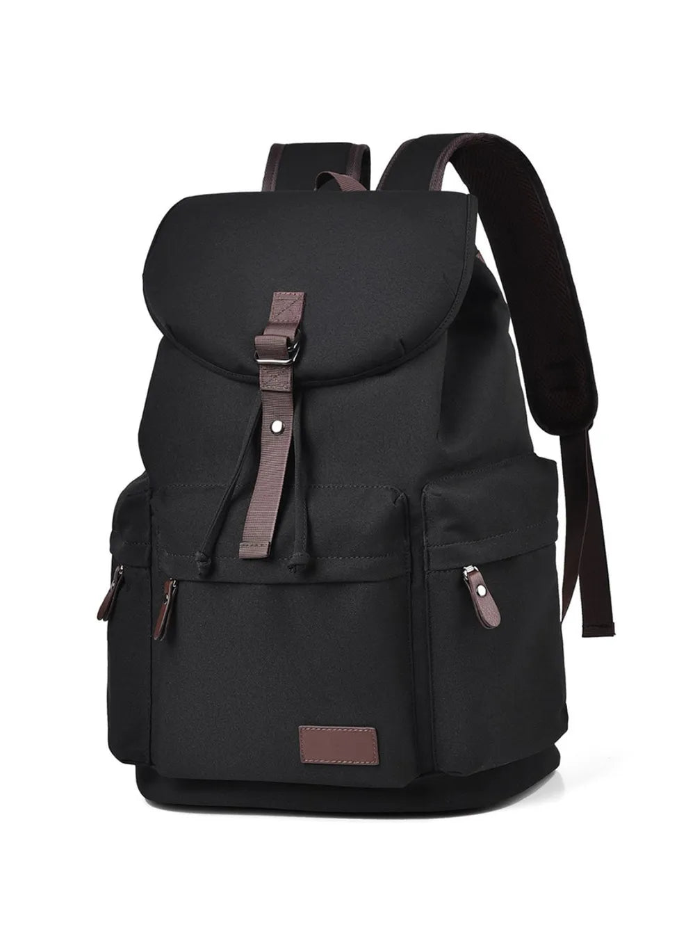 Black canvas backpack with brown leather accents and buckle closure.