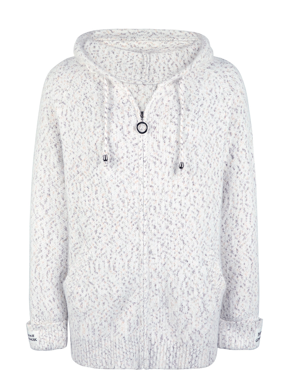 Textured knit zip-up hoodie in white with speckled detail and logo tab on cuff.