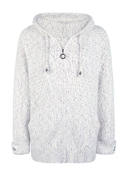 Textured knit zip-up hoodie in white with speckled detail and logo tab on cuff.
