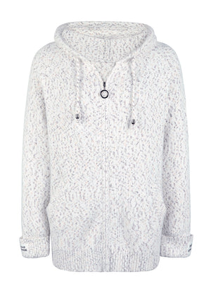 Textured knit zip-up hoodie in white with speckled detail and logo tab on cuff.
