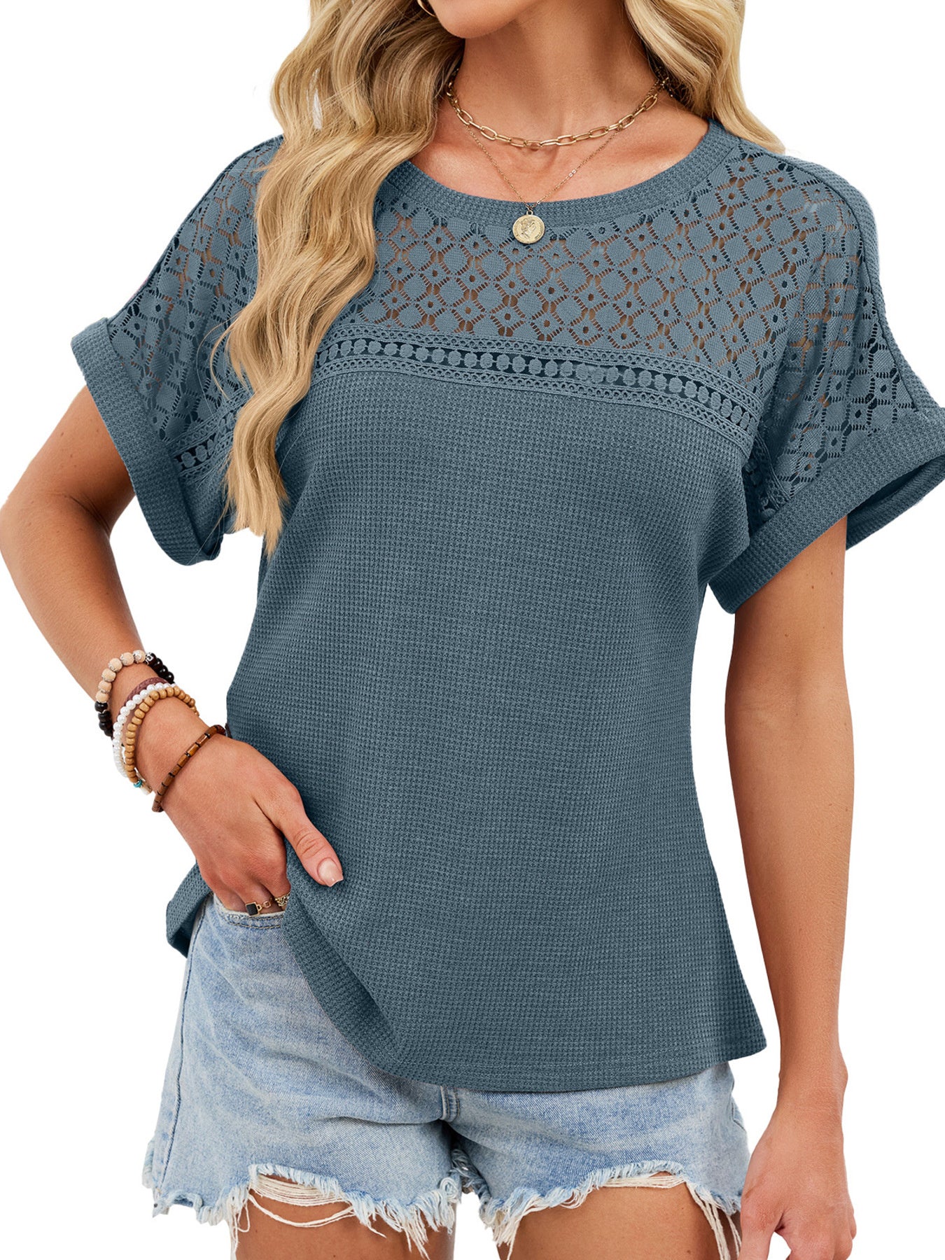 Blue Gray waffle knit t-shirt with eyelet detail on yoke and sleeves.