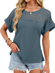 Blue Gray waffle knit t-shirt with eyelet detail on yoke and sleeves.