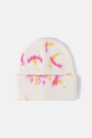 Ribbed knit beanie with pink and yellow tie-dye detail