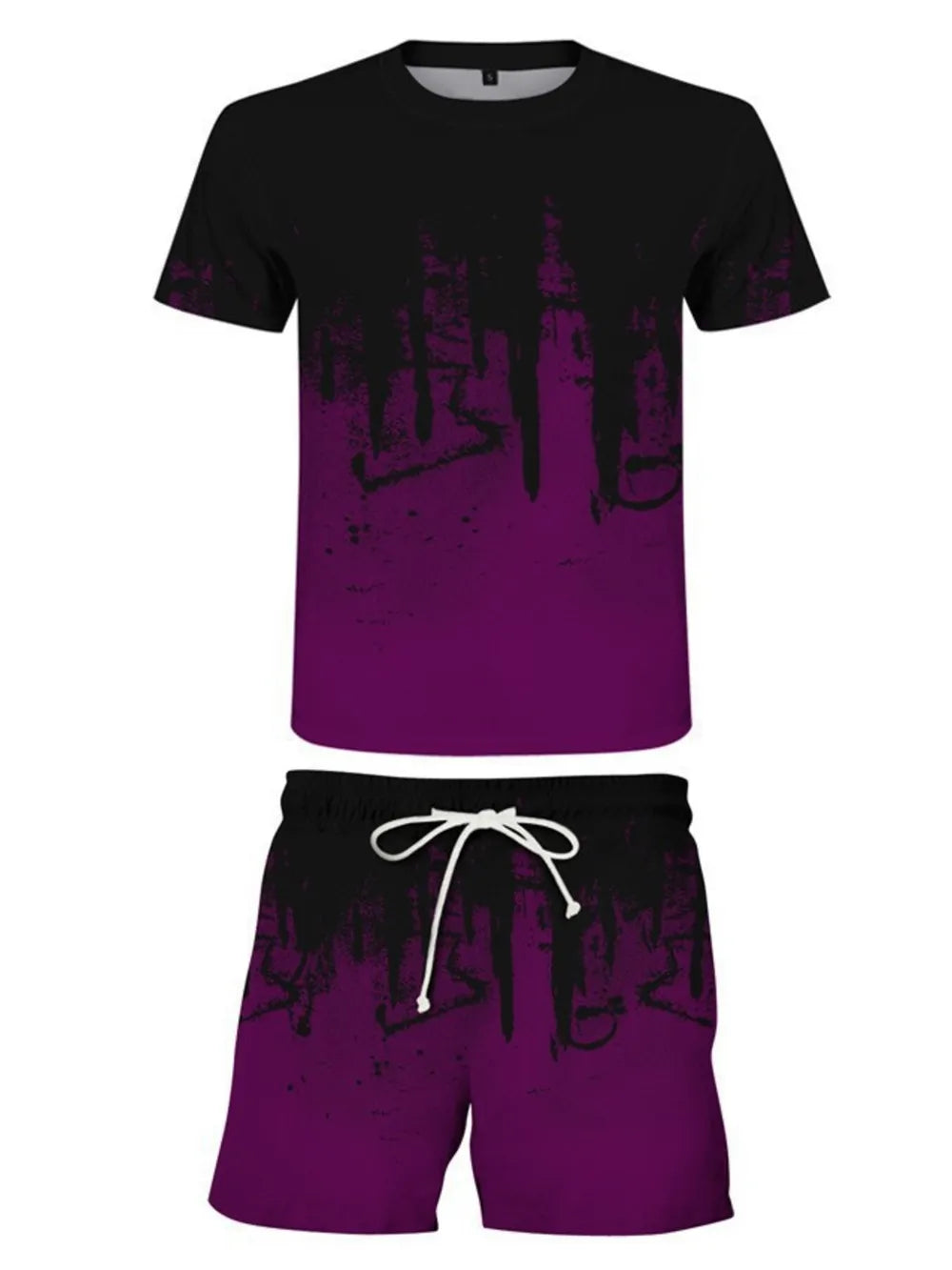Plum purple and black graphic tee and shorts set with abstract paint splatter design and white drawstring.