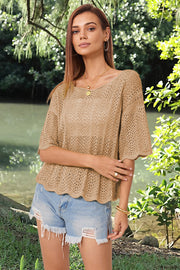 Khaki open-knit blouse with scalloped sleeves and hem, featuring a relaxed fit.
