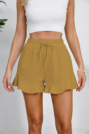 Honey linen blend shorts with drawstring waist and flounce hem