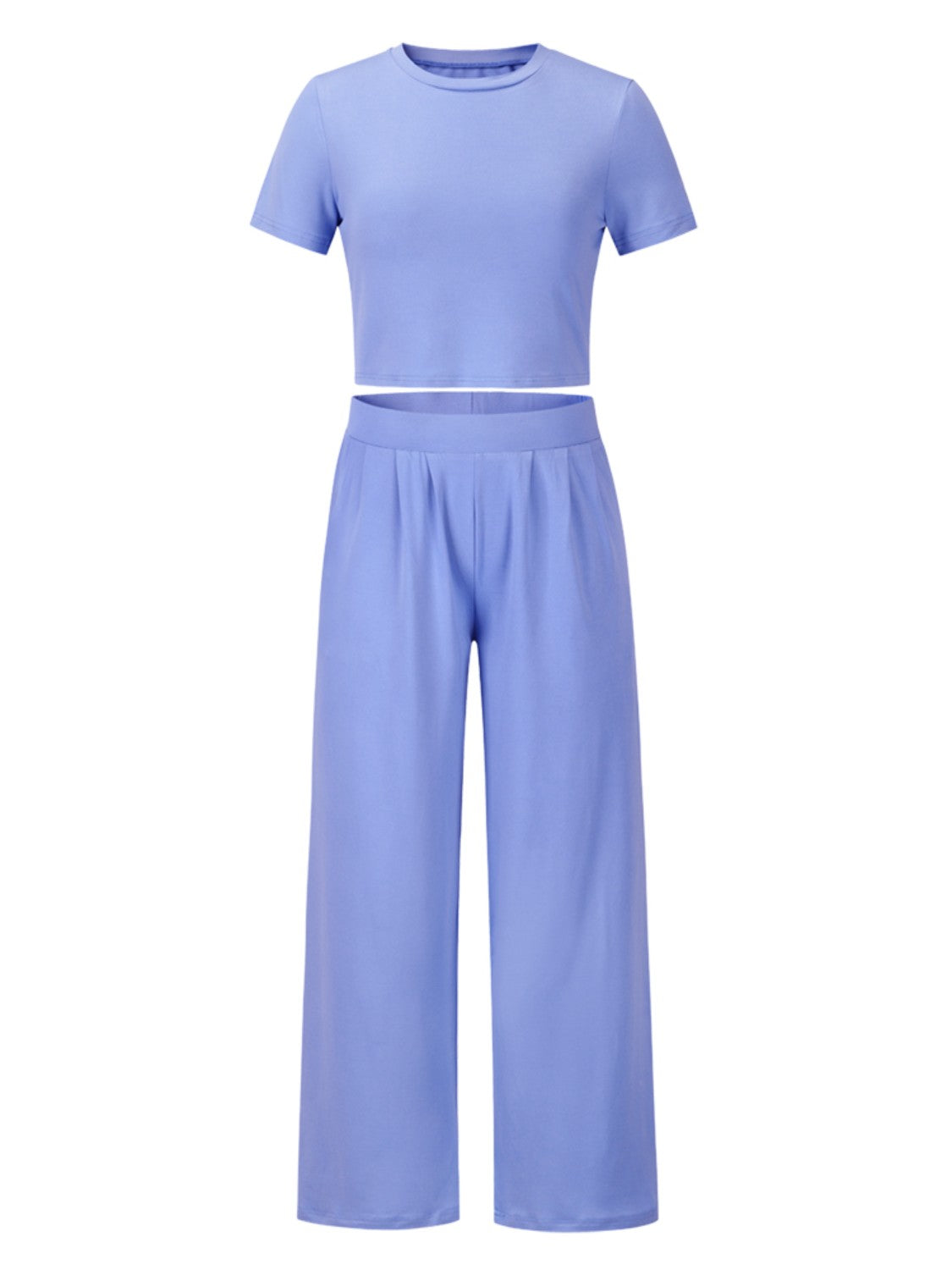 Cloudy Blue pleated waist crop top and wide leg pants set