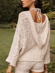 Openwork Hooded Knit Top And Shorts Set in Apricot, back view