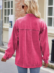 Fuchsia denim oversized shacket with button cuffs and collar detail.