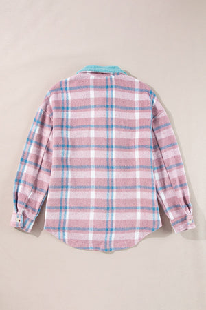 Pastel plaid shacket in dusty pink with a fuzzy blue contrast collar and button cuffs.